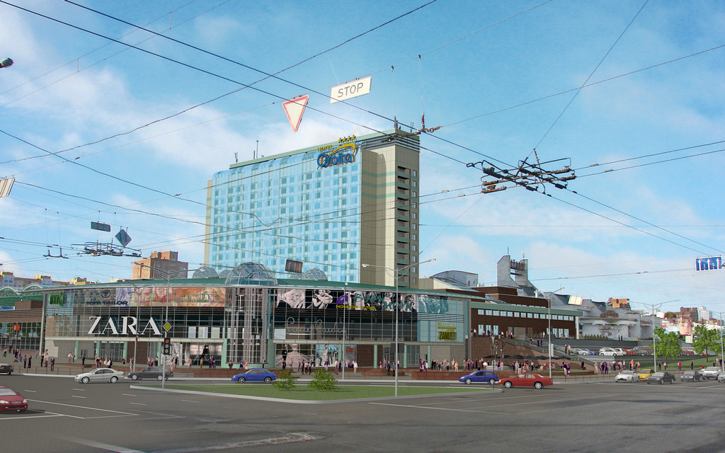 Shopping center with a garage under and above ground level at the junction of Pushkina Avenue and Prititskava Street in Minsk